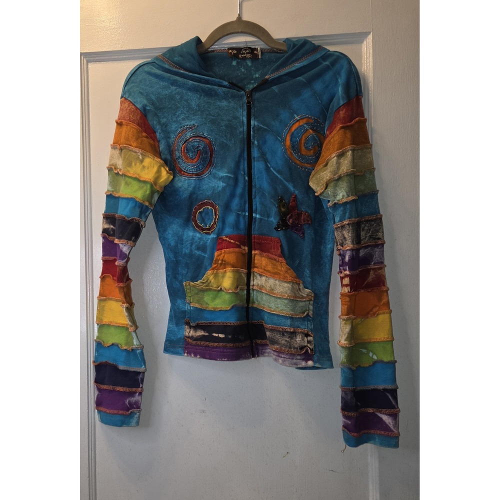 Kathmandu OOAK Fairycore Artsy Rainbow Zip Front Hoodie Hippie Indie. Bleached M